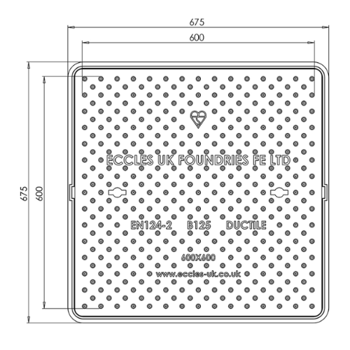 600x600 B125 manhole cover dimensions drawing showing frame size and clear opening