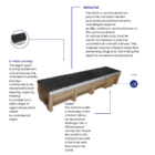 olycon 8LOX polymer concrete channel drainage system showing 8-point locking mechanism, polymer concrete construction and bottom outlet features
